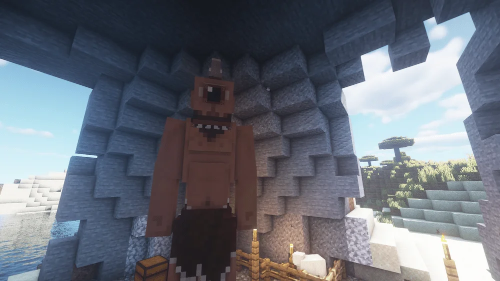 A cyclops watches over his cave by the sea.