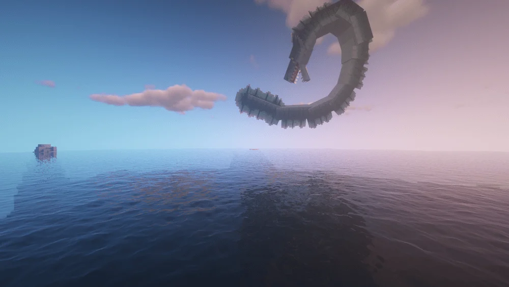 A sea serpent jumps out of the water while chasing a squid.