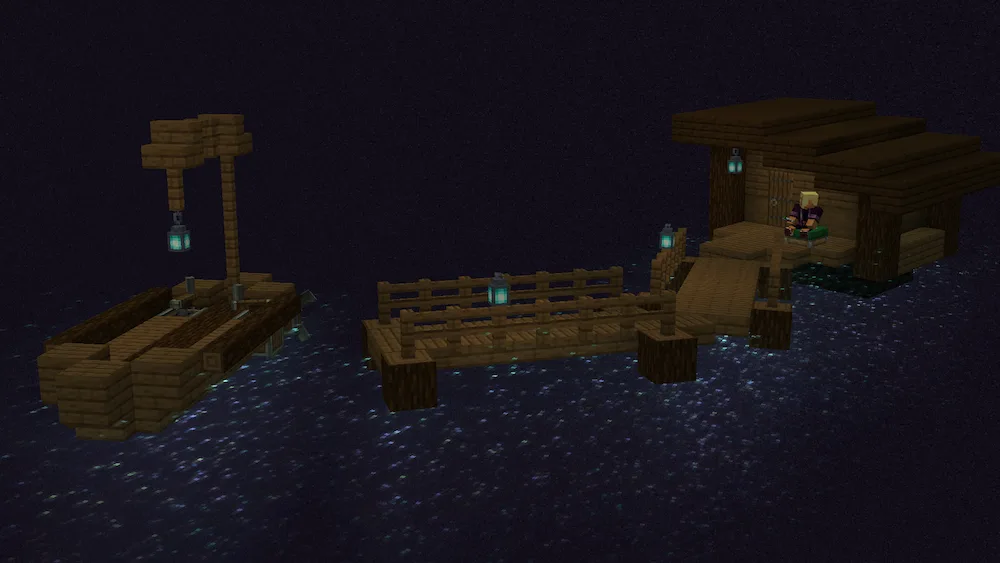 A small house with a dock floating in the void
