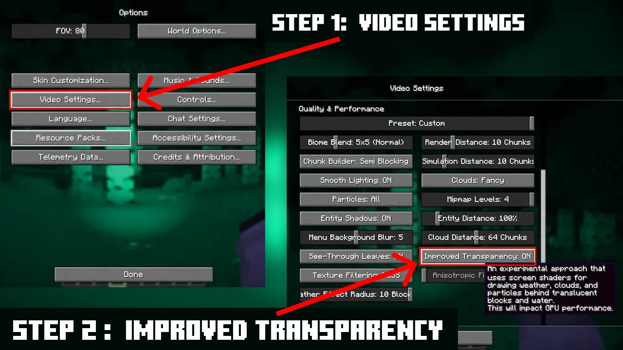 how to enable Improved Transparency Minecraft