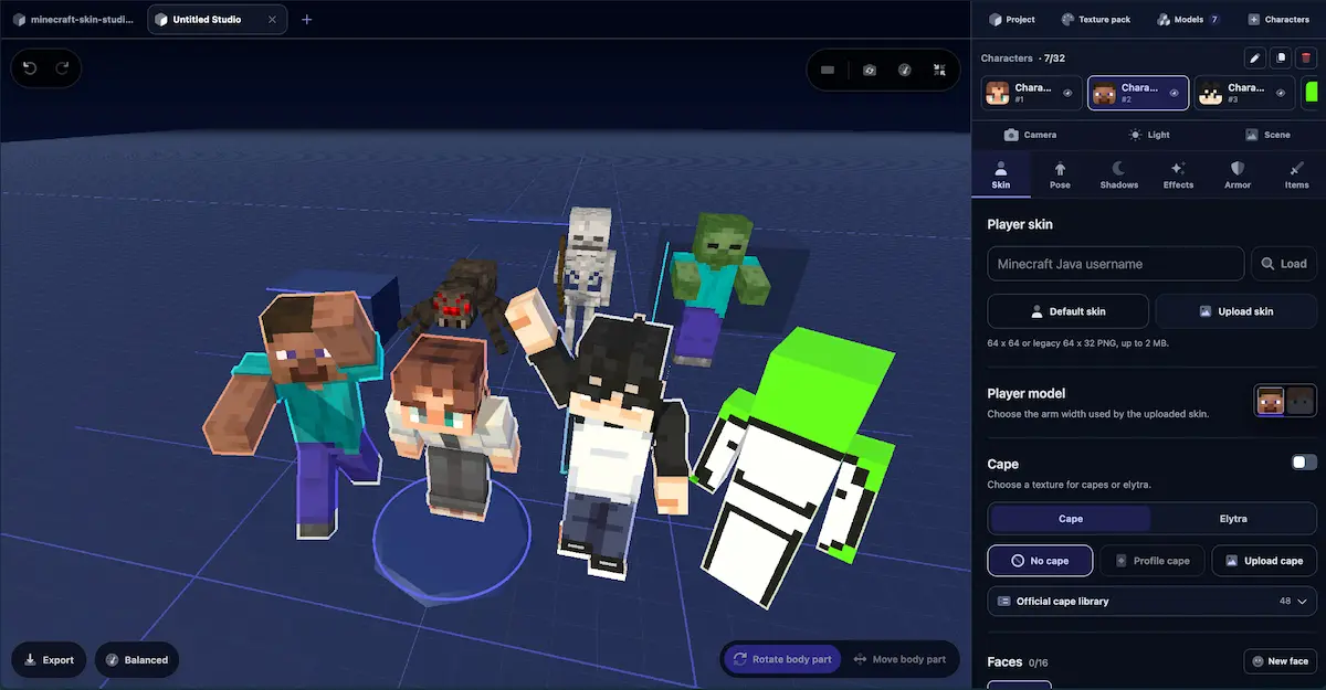 Minecraft thumbnail scene with several characters and mobs made in the Skin Renderer