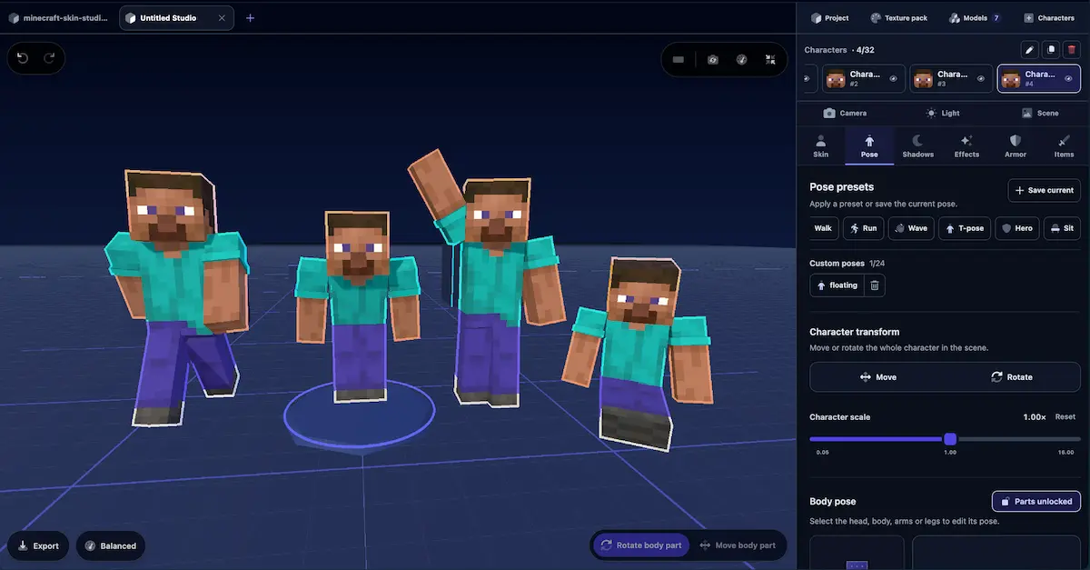 Minecraft character in different poses: hero, run, sit and wave