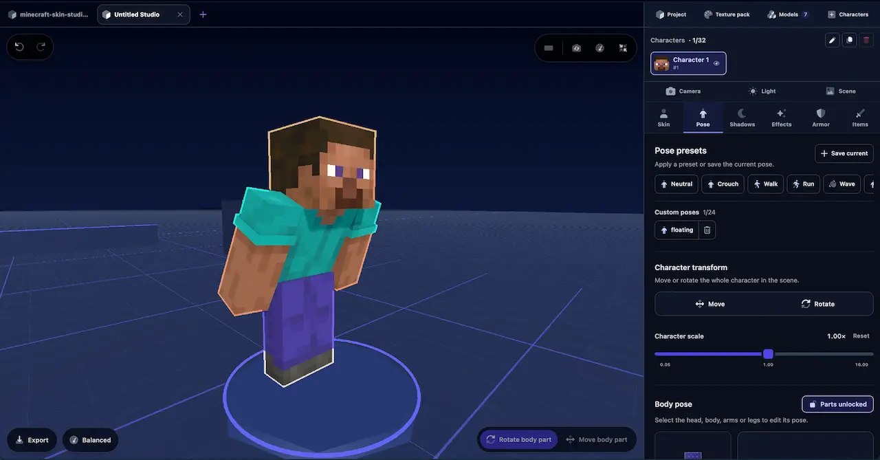 MineUtils Minecraft Skin Renderer showing a posed character in the browser