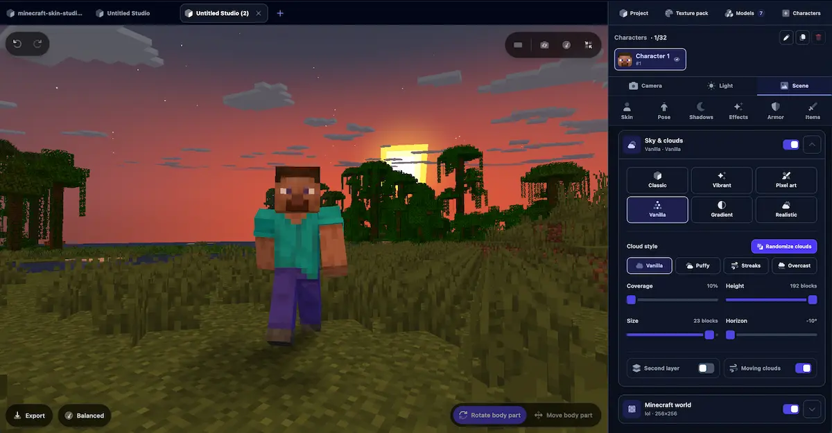 Minecraft render with a sunset sky in a 3D scene imported from a Java world
